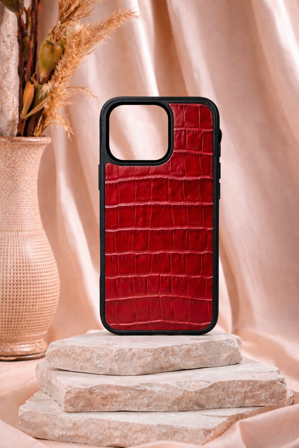 iPhone Uyumlu Deri Kılıf Croco-Mat Kırmızı