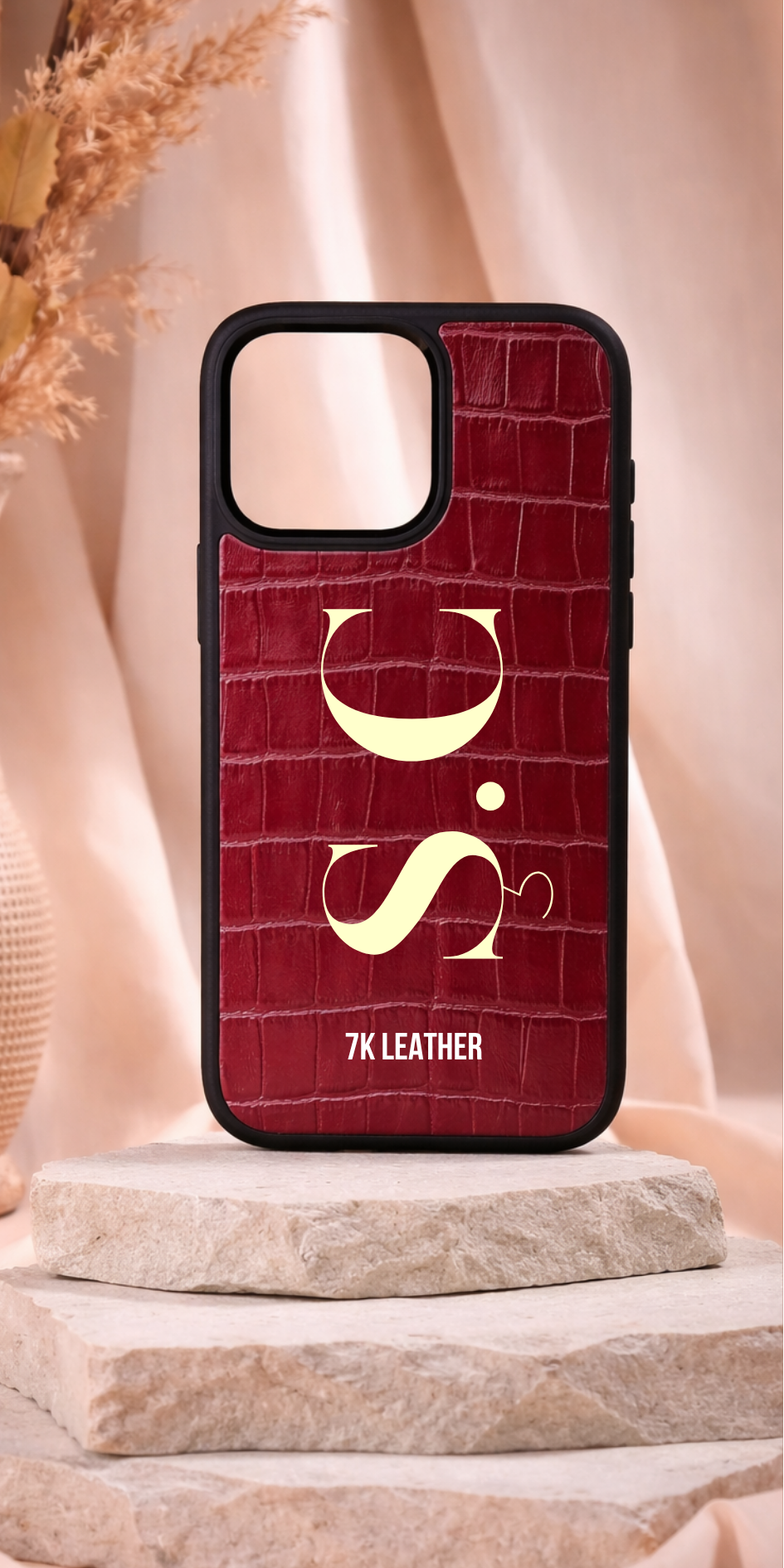 iPhone Uyumlu Deri Kılıf 3D Monogram-Bordo Croco