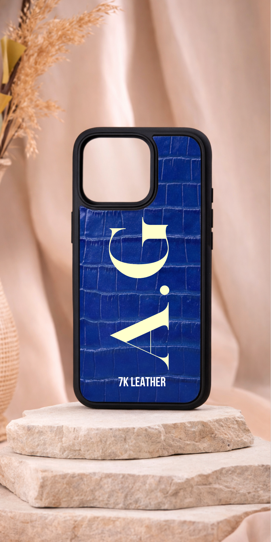 iPhone Uyumlu Deri Kılıf 3D Monogram-Saks Mavi Croco
