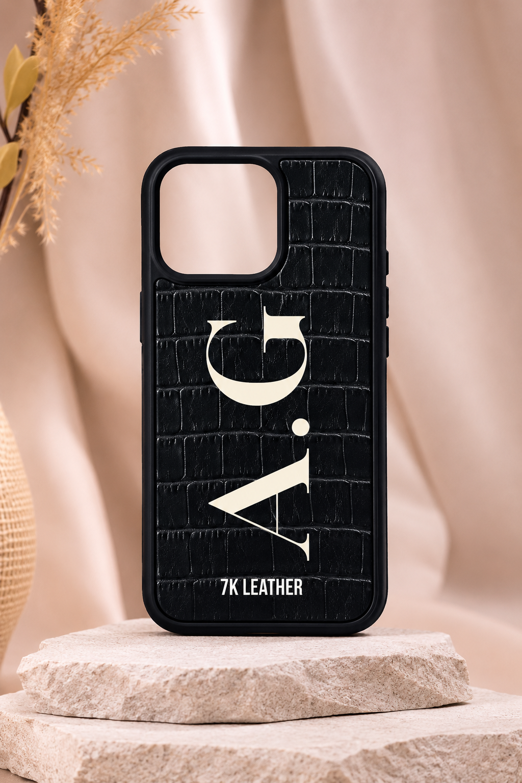 iPhone Uyumlu Deri Kılıf 3D Monogram-Siyah Croco